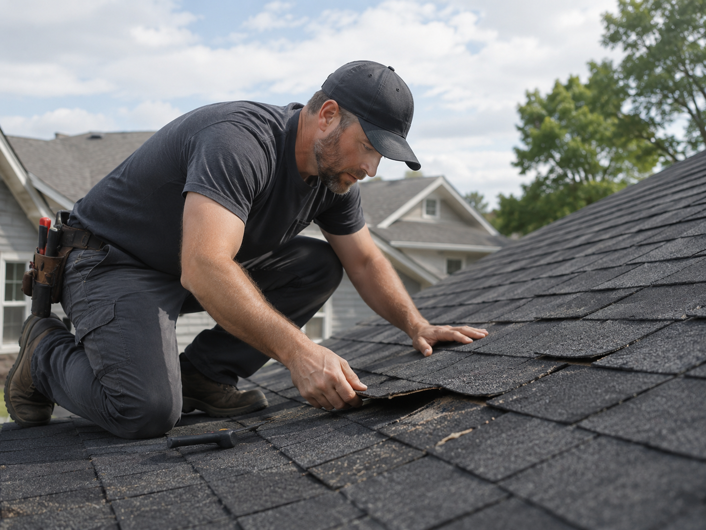 Roofer installing shingles