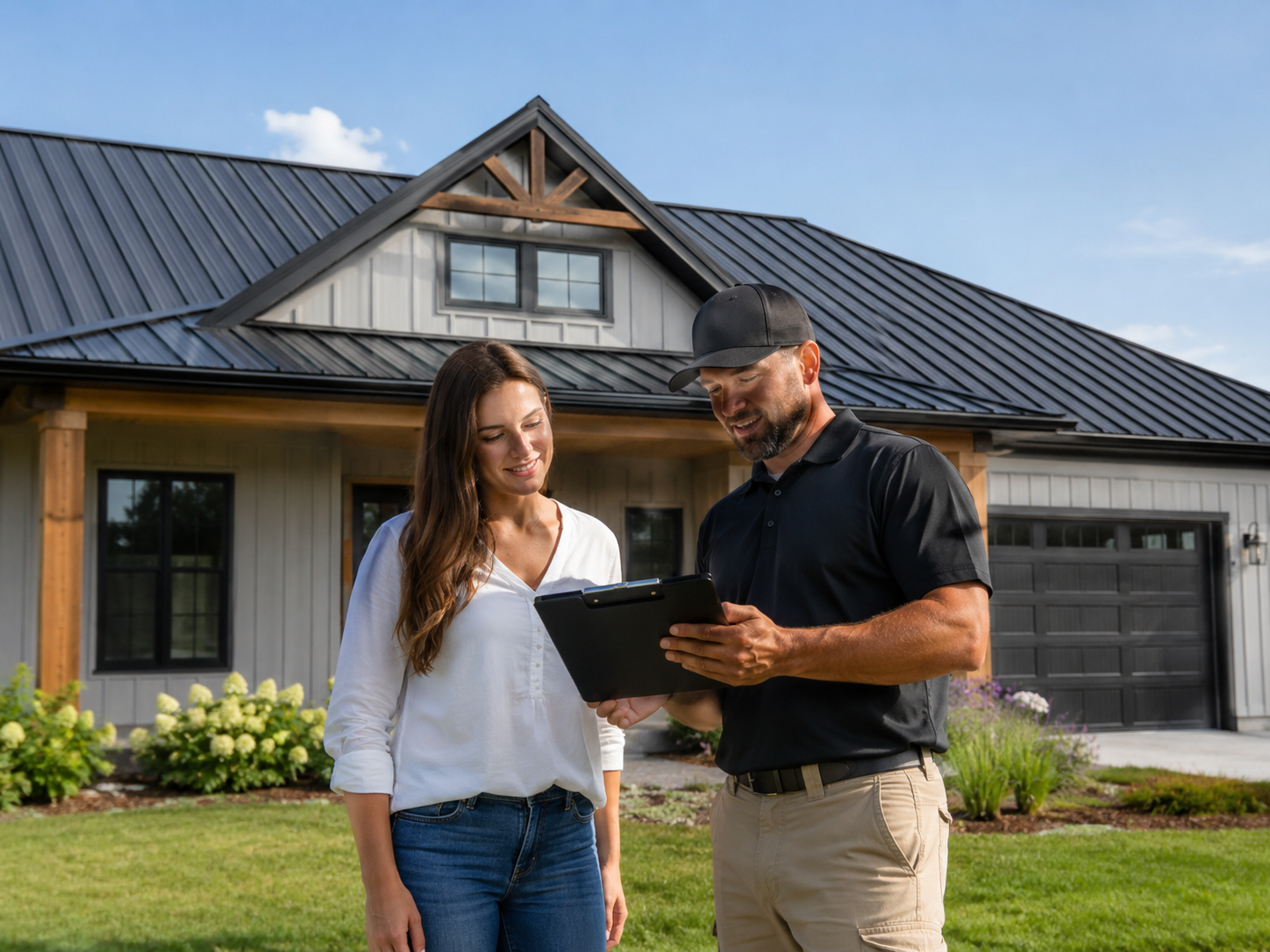 Contractor speaking with homeowner after roof work