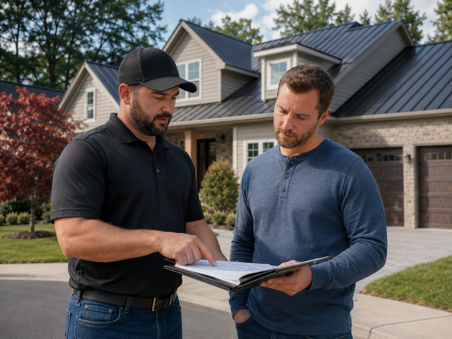 Roofing contractor reviewing inspection notes with a homeowner